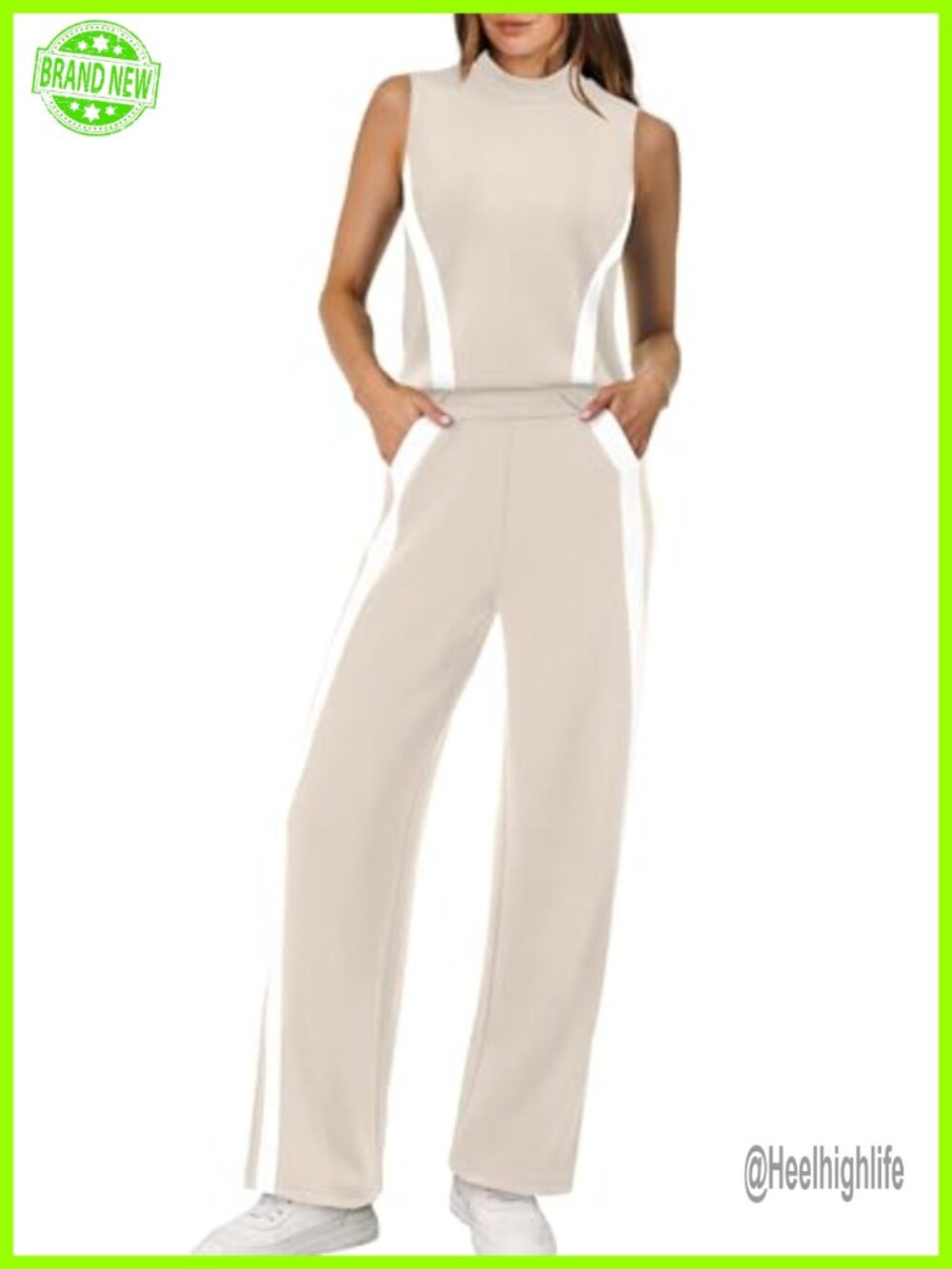 XIEERDUO Women's Two Piece Set Mock Neck Top Wide Leg Pants Sleeveless